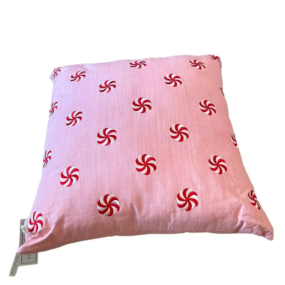 Pinkmas Peppermint Swirl Pillow 20x20 Embroidered Christmas Holiday Decor NEW